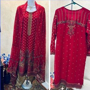 Traditional designer pure chiffon brick Red shalwar kameez! XL